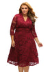 Purplish Red Plus Surplice Neck Ruched Waist Floral Lace Swing Dress